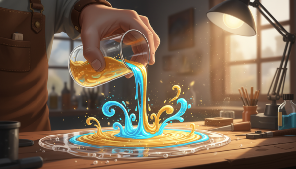 Une vue macro d'une main d'artisan versant des pigments bleu néon et or dans de la résine époxy transparente, créant des volutes de couleurs artistiques et des tourbillons magiques, éclairage d'atelier chaleureux et professionnel.