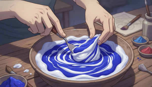 Une vue rapprochée de mains artisanales mélangeant délicatement un pigment bleu outremer dans une préparation de plâtre blanc onctueuse, créant des marbrures artistiques, lumière d'atelier douce.