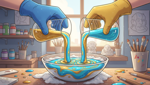 Une vue rapprochée de mains versant délicatement des gouttes de pigments liquides vibrants bleu et or dans une préparation blanche de poudre de moulage, créant des tourbillons artistiques, style atelier de loisirs créatifs lumineux.