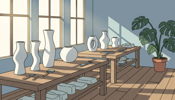 Vue d'atelier d'artisan présentant plusieurs vases minimalistes en plâtre blanc lisse, design scandinave, lumière naturelle du matin, ambiance sereine.