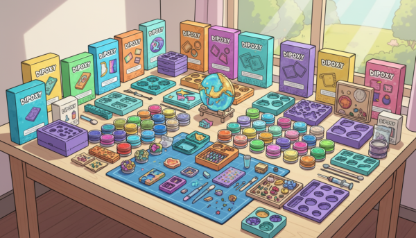 Vue d'ensemble de différents kits de moulage Dipoxy, boîtes colorées, pigments variés et accessoires de création sur une table de travail créative.