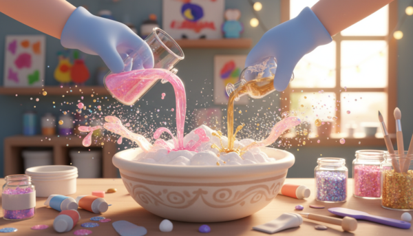 Vue rapprochée de mains versant des pigments colorés liquides rose et doré dans un mélange de poudre de moulage blanc, paillettes scintillantes, ambiance atelier créatif lumineux.