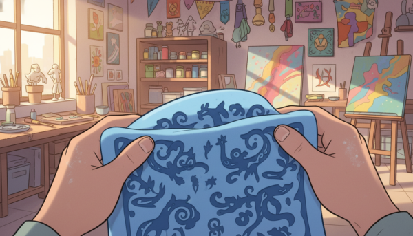 Vue rapprochée d'un moule en silicone bleu souple montrant des détails de sculpture extrêmement fins, mains d'artisan manipulant le moule avec soin, ambiance lumineuse et créative.