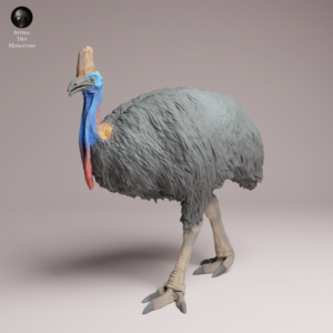 Exemple de peinture réaliste sur la figurine de casoar pour modélisme animalier, avec plumage noir et cou bleu.