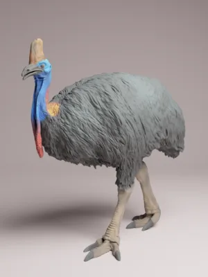 modele-casoar-peint-diorama-3 Exemple de peinture réaliste sur la figurine de casoar pour modélisme animalier, avec plumage noir et cou bleu.