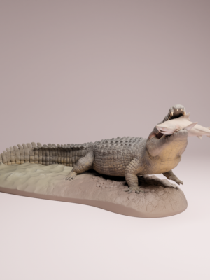 figurine-crocodile-marin-predation-1-32 Figurine miniature 1/32 d'un crocodile de mer capturant sa proie en résine 3D grise.