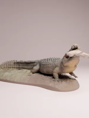 figurine-crocodile-marin-predation-1-32 Figurine miniature 1/32 d'un crocodile de mer capturant sa proie en résine 3D grise.