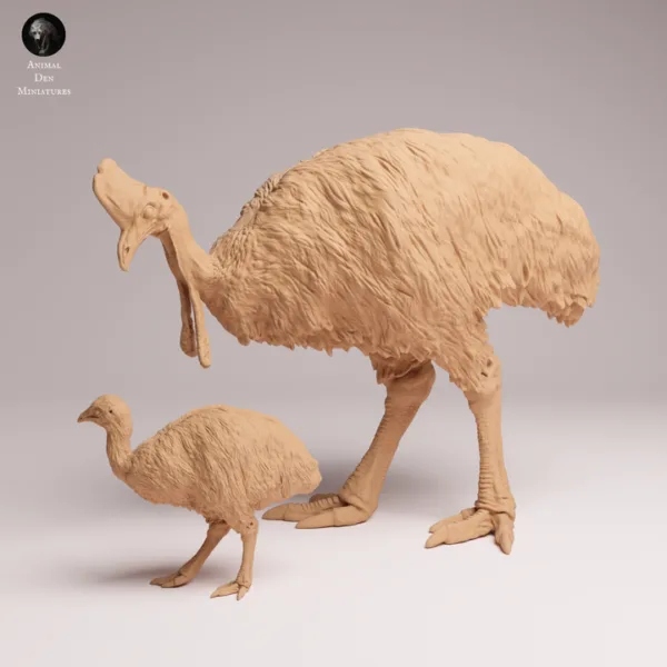 figurine-casoar-casque-details-impression Gros plan sur la tête du casoar montrant l'impression 3D haute précision du casque osseux et des caroncules de l'oiseau.