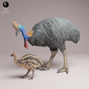 Exemple de mise en peinture réaliste du casoar du sud et de son oisillon pour un projet de modélisme animalier.