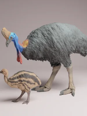 figurine-casoar-casque-oisillon-peint Exemple de mise en peinture réaliste du casoar du sud et de son oisillon pour un projet de modélisme animalier.