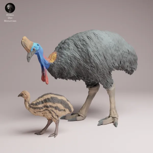 figurine-casoar-casque-oisillon-peint Exemple de mise en peinture réaliste du casoar du sud et de son oisillon pour un projet de modélisme animalier.