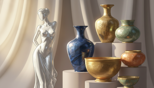 A beautifully arranged display of Moldmaster decorative objects, showcasing their unique finishes and protective coatings. In the foreground, feature an elegant, intricately designed statue in a glossy white finish, reflecting light beautifully. The middle ground should include a variety of Moldmaster pieces, such as ornate vases and decorative bowls, in various colors like deep blue and rich gold, each exhibiting subtle textures and gleaming surfaces. The background is softly blurred with gentle, neutral-toned drapery, accentuating the objects. The lighting is warm and inviting, highlighting the sheen of the finishes. The scene conveys sophistication and elegance, evoking a luxurious atmosphere. Include the brand name "Pamkycrea" subtly integrated into the composition without any text or overlays, ensuring a focus on the objects themselves.