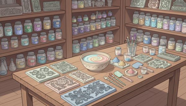 A beautifully arranged workspace showcasing essential materials for decorative molding. In the foreground, intricately designed silicone molds in various shapes—flowers, leaves, and ornate patterns—are displayed alongside a set of vibrant crafting tools like spatulas, mixing containers, and paintbrushes. In the middle, a wooden table adorned with soft, natural light casts gentle shadows, highlighting a bowl of colorful resin and powder pigments ready for mixing. The background features shelves filled with jars of glitter, sparkles, and finished decorative pieces, creating a warm, inviting atmosphere that inspires creativity. The image should convey a sense of artistry, craftsmanship, and tranquility, inviting viewers to explore the joy of decorative molding. The angle is slightly overhead, providing a comprehensive view while focusing on the textures and colors of the materials.