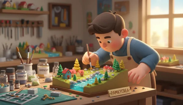 A beautifully crafted diorama showcasing the final touches and varnishing process. In the foreground, a focused artisan, dressed in modest, casual clothing, is applying a glossy varnish to a small landscape diorama featuring miniature trees, buildings, and a serene river. Vivid colors and intricate details draw the eye, emphasizing the textures of the foliage and water. The middle ground captures tools like brushes, varnish bottles, and a workstation cluttered with diorama materials, hinting at the creative process. The background fades into a softly lit workshop, bathed in warm, inviting light, reflecting a cozy atmosphere. This tranquil setting conveys a sense of satisfaction and accomplishment, embodying the essence of "Pamkycrea" in crafting dioramas with care and precision.