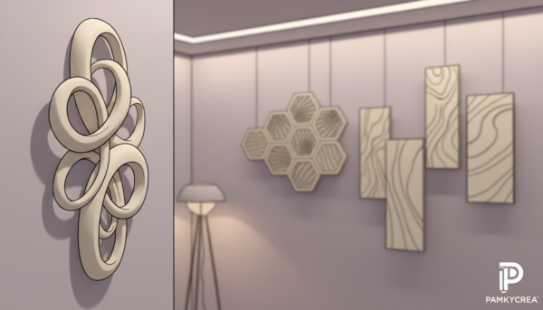 A beautifully designed interior scene featuring wall decorative objects made from Moldmaster by the brand Pamkycrea. In the foreground, showcase an elegant Moldmaster wall sculpture depicting abstract shapes and organic patterns in a soft cream color. The middle ground should include various hanging decorations, such as intricate geometric wall art and textured panels that provide depth. The background features a tastefully painted wall in a muted pastel shade, enhancing the overall aesthetic. The lighting should be warm and inviting, creating soft shadows that emphasize the textures of the ornaments. A gentle focus on the foreground with a slightly blurred background adds depth to the image, evoking a serene and sophisticated atmosphere ideal for interior decoration inspiration.