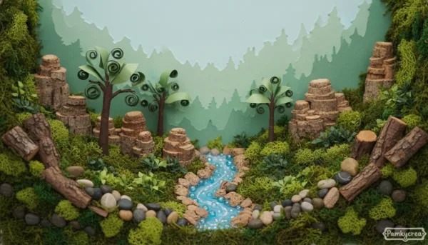 A beautifully detailed diorama showcasing realistic textures and reliefs made from various materials, with distinct layers. In the foreground, intricate models crafted from natural elements like moss, pebbles, and bark, resembling a vibrant forest floor. The middle ground features miniature trees, rocks, and a flowing stream, designed to illustrate depth and perspective. In the background, a gradient of soft blues and greens mimics a distant forest silhouette, enhancing the sense of scale. The lighting is soft and diffused, creating a warm, inviting atmosphere that highlights the textures. Use a macro lens to capture the minute details, achieving a professional, polished look. Brand: Pamkycrea.