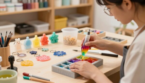 A bright and inviting workspace showcasing the detailed molding process with Moldmaster. In the foreground, a professional artisan in modest casual clothing is carefully pouring a vibrant, colorful resin into a mold, the textures of the mold clearly visible. The middle layer features an assortment of handcrafted personalized gifts, like unique keychains and decorative pieces, all made with Moldmaster materials, subtly reflecting the creative possibilities. The background includes shelves filled with various molding tools and supplies, illuminated by soft, warm lighting to create an inspiring atmosphere. A focus on the artisan's hands, working methodically, conveys precision and dedication. Captured with a slightly blurred depth of field to emphasize the details, this image embodies the spirit of creativity and craftsmanship associated with the brand Pamkycrea.