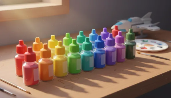 A cinematic close-up of a vibrant set of acrylic paint bottles for hobbyists, arranged on a clean wooden workbench with soft natural lighting.