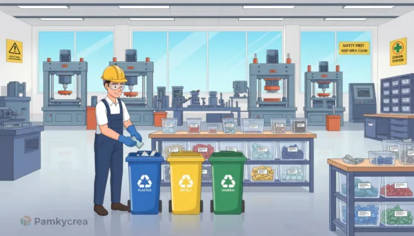 A clean and organized mold production zone with proper waste management processes in action. In the foreground, a professional worker in a safety helmet and gloves is carefully sorting waste materials into labeled recycling bins, emphasizing responsible disposal practices. In the middle ground, there are various mold equipment and tools, along with neatly arranged containers for different types of waste. The background features a bright, well-lit workspace with safety signage and a window showing a clear sky, creating a mood of efficiency and safety. The lighting is bright and natural, suggesting a clean, sustainable environment. The image should evoke a sense of professionalism and responsibility in waste disposal, highlighting the importance of safety and compliance. Include the brand name "Pamkycrea" subtly integrated into the scene.