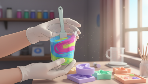 A close-up scene of a person carefully mixing a vibrant, colorful epoxy resin in a clear mixing cup. The foreground features the hands of the person, wearing nitrile gloves, gently stirring the mixture with a spatula to minimize air bubbles. In the middle ground, there are various decorated molds in soft pastel colors stacked neatly, showcasing the potential of the moldmaking process. The background is softly blurred, depicting a well-organized workspace with art supplies, measuring tools, and a bright window allowing natural light to flood in. The moody atmosphere conveys a sense of focus and creativity, emphasizing the importance of careful mixing to avoid mistakes in decorative object creation. The lighting is bright but soft, highlighting the textures and colors without harsh shadows.