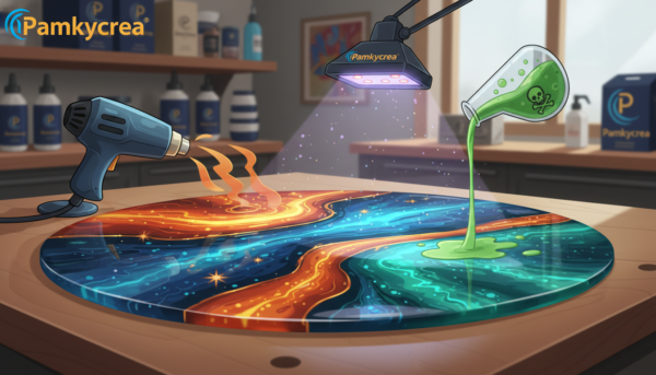 A close-up view of a glossy epoxy resin surface showcasing its durability against UV light, heat, and chemicals. In the foreground, highlight a portion of the resin with a rich, vibrant color and intricate patterns, illustrating its resilience. The middle ground features tools such as a heat gun and UV light to symbolize various challenges faced by the resin. The background should have a soft-focus workshop setting with shelves lined with various epoxy products from the brand "Pamkycrea." The lighting should be bright and inviting, emphasizing the sheen of the epoxy surface while casting gentle shadows. The overall mood is professional and innovative, conveying the strength and versatility of epoxy resin in practical applications.