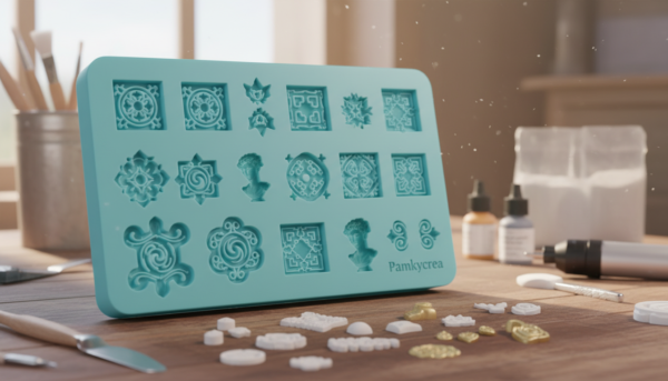 A close-up view of a high-quality precision silicone mold from Pamkycrea, showcasing intricate details and textures. In the foreground, the silicone mold glistens with a soft sheen, emphasizing its flexibility and durability. The middle ground features an assortment of finely detailed decorative elements made with the mold, capturing the flawless adherence to the model’s features. In the background, a blurred workspace reveals tools and materials commonly used in decorative molding, bathed in warm, diffused natural light. The atmosphere conveys a sense of craftsmanship and precision, inviting viewers to appreciate the importance of high-quality materials in achieving excellent mold results. Focus on clarity and detail, using an artistic lens perspective to highlight the silicone mold’s surface.