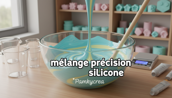 A close-up view of a silicone mixture being prepared for decorative molding, showcasing the texture and color of the "mélange précision silicone" from the brand Pamkycrea. In the foreground, focus on a transparent mixing bowl filled with a vibrant, smooth silicone mixture, with a wooden stir stick partially immersed. The middle ground features an organized workspace, with various tools for molding, like measuring cups and a digital scale. The background shows shelves lined with silicone molds in various shapes. Soft, natural lighting illuminates the scene, creating a warm atmosphere that conveys precision and care in the crafting process. The camera angle is slightly above eye level, capturing the dynamic and meticulous nature of the blending process.