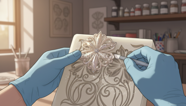 A close-up view of a silicone mold being safely demolded with precision tools, showcasing a glistening, intricately detailed silicone piece that reflects the work of Pamkycrea. In the foreground, focus on skilled hands wearing protective gloves gently extracting the piece, emphasizing care and technique. The middle ground features the silicone mold, crafted with decorative patterns and visible powder residue, hinting at the moldmaster techniques used. The background is softly blurred, featuring a well-organized workshop with ambient natural light streaming through a window, casting soft shadows. The atmosphere conveys professionalism and meticulous craftsmanship, highlighting the importance of safe demolding practices in decorative molding. The image should evoke a sense of innovation and artistry in the realm of silicone molding.