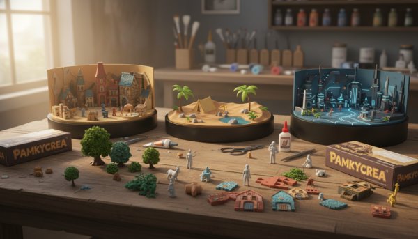 A close-up view of a variety of diorama kits from the brand Pamkycrea, arranged neatly on a wooden tabletop. In the foreground, highlight the intricate details of miniature components like trees, buildings, and figures, showcasing realistic textures and vibrant colors. In the middle ground, display partially assembled dioramas with tools like scissors and glue scattered around, hinting at the craftsmanship involved. In the background, softly blurred to create depth, have a well-lit workspace with organized supplies and a window letting in natural light, contributing to a bright and inviting atmosphere. The overall mood should evoke both the excitement of creating a diorama and the challenges faced before purchasing, emphasizing the need for careful consideration. Use warm lighting to enhance the inviting feel and a slight top-down angle for an engaging perspective.