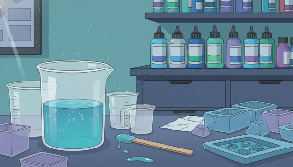 A close-up view of a workshop setting focused on epoxy resin drying. In the foreground, a clear container filled with freshly mixed epoxy resin, glistening under soft, diffused lighting. Beside it, an assortment of common tools and materials—like a stirring stick, measuring cups, and silicone molds—highlighting the drying process. In the middle ground, a well-organized workbench, scattered with potential distractions like dust and clutter, illustrating the common errors that can prolong the drying time. In the background, shelves lined with various resins and color pigments, putting the viewer in a workshop environment. The overall atmosphere is professional and informative, with a cool color palette to evoke a sense of focus and precision.