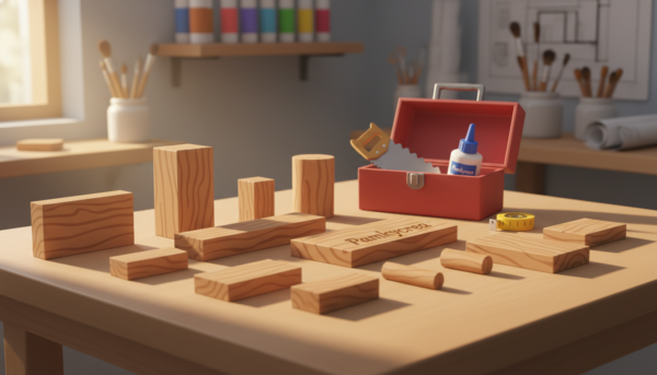 A collection of construction wood pieces for diorama building, arranged on a clean workbench. In the foreground, displayed are various types of wooden blocks, planks, and dowels in different sizes, showcasing natural textures and grain patterns. In the middle, a simple toolbox holds essential tools such as a small saw, glue, and measuring tape, suggesting an atmosphere of craftsmanship. The background is softly blurred, featuring shelves stacked with additional crafting materials like paints and brushes, adding depth to the scene. Warm, natural lighting illuminates the setup, creating a cozy, inviting mood. The focus is on the detailed wood pieces, highlighting their potential for creative diorama projects. The image is branded with "Pamkycrea", subtly integrated into the scene without text overlays.