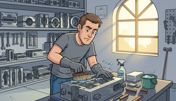 A comprehensive scene depicting the efficient cleaning of a casting mold. In the foreground, a professional technician dressed in modest, casual clothing is carefully scrubbing a metal mold with a brush, water splashing gently around. In the middle, various cleaning tools like brushes, cloths, and a container of cleaning solvent are neatly arranged. The background shows a well-lit workshop with shelves of organized molds and tools, emphasizing a neat, tidy environment. Bright, natural lighting filters through a window, creating a clean and inviting atmosphere. The mood is focused and industrious, showcasing the importance of mold maintenance and care in the crafting process. The angle captures both the technician's concentrated expression and the detailed mold.