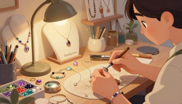 A cozy artisan workshop showcasing the intricate process of creating personalized handcrafted jewelry, focused on the delicate design of unique pieces such as elegant necklaces and intricate bracelets. In the foreground, a skilled artisan carefully molds a beautiful gemstone pendant, their hands adorned with clay and tools. The middle ground features a beautifully organized workbench filled with vibrant beads, shimmering metals, and creative supplies, illuminated by warm, soft light that cascades from a vintage lamp. In the background, shelves display finished pieces in various styles, all branded with "Pamkycrea." The overall mood is inviting and creative, reflecting the passion and craftsmanship behind personalized jewelry. The image should have a shallow depth of field, enhancing the artisanal quality and the warm, inspiring atmosphere of the workshop.