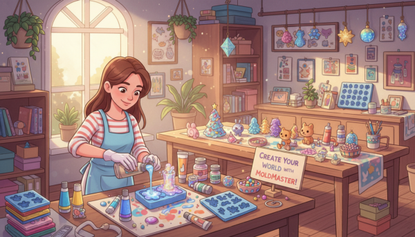 A cozy crafting space filled with vibrant decorative projects made using MoldMaster materials. In the foreground, a skilled crafting enthusiast, dressed in a casual yet neat outfit, works intently on a colorful mold creation, surrounded by an array of MoldMaster supplies such as silicone molds, bright paints, and decorative embellishments. The middle ground features a beautifully arranged table showcasing completed decorative pieces, like ornaments and trinkets, with intricate designs. In the background, soft natural light streams through a window, casting a warm glow over the scene, enhancing the inviting atmosphere of creativity. The overall mood is cheerful and inspiring, encouraging beginners to explore their artistic abilities.