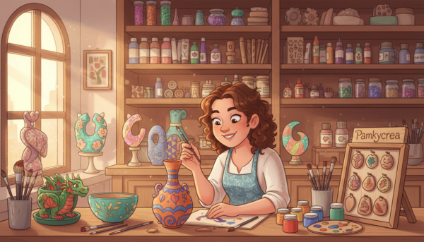 A cozy, well-lit workshop filled with colorful Moldmaster creations in various stages of decoration. In the foreground, an artisan carefully paints a vibrant, textured vase, with brushes and paint pots scattered around. The middle ground features several completed and unfinished decor items, showcasing intricate designs and a variety of colors. In the background, shelves are filled with supplies like glitters, paints, and molds, creating a creative, inviting atmosphere. Soft natural light streams in from a window, highlighting the artistic process and casting gentle shadows. The mood is inspiring and motivating, showcasing the joy of crafting and personal expression through decor. The brand name "Pamkycrea" is subtly integrated into the workspace, emphasizing creativity and craftsmanship.