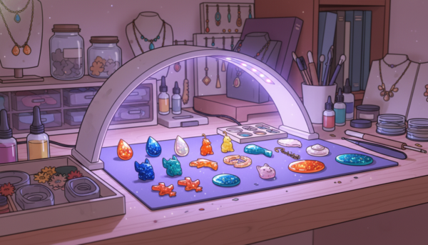 A creative workshop desk with a professional UV LED lamp curing small translucent resin jewelry, soft warm lighting, vibrant colors, macro photography, high resolution.