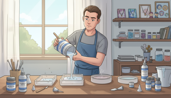 A detailed and precise scene of the Moldmaster mixing process to avoid air bubbles. In the foreground, a professional artisan in modest casual clothing is carefully pouring a viscous blend from a container into a mold, ensuring accuracy and focus. The middle ground features the Moldmaster mixture in various stages of pouring, with visible details of air bubbles being eliminated. The background shows a neatly organized workspace with tools and materials used for decoration, illuminated by soft, diffuse natural light coming from a nearby window, creating a serene and professional atmosphere. The image should convey a sense of craftsmanship and attention to detail, emphasizing the brand name "Pamkycrea" through the tools and products present in the scene.