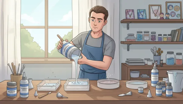 A detailed and precise scene of the Moldmaster mixing process to avoid air bubbles. In the foreground, a professional artisan in modest casual clothing is carefully pouring a viscous blend from a container into a mold, ensuring accuracy and focus. The middle ground features the Moldmaster mixture in various stages of pouring, with visible details of air bubbles being eliminated. The background shows a neatly organized workspace with tools and materials used for decoration, illuminated by soft, diffuse natural light coming from a nearby window, creating a serene and professional atmosphere. The image should convey a sense of craftsmanship and attention to detail, emphasizing the brand name "Pamkycrea" through the tools and products present in the scene.