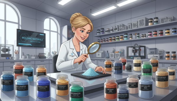 A detailed comparison scene showcasing different molding powders on a sleek, modern workbench. The foreground features clear containers filled with various colors and textures of molding powders labeled for Moldmaster and other brands, emphasizing their distinct properties. In the middle ground, a professional in a lab coat examines the powders with a magnifying glass, illustrating a thorough analysis. The background includes shelves stocked with additional materials and tools used in casting. The lighting is bright and even, highlighting the vibrant colors of the powders, and the angle is slightly elevated to capture the entire scene. The mood is analytical and informative, perfect for a professional setting focused on quality and precision in molding materials.