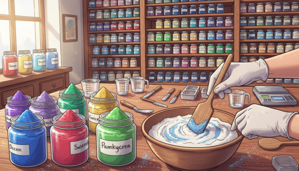 A detailed illustration of Moldmaster powder casting techniques, focusing on vibrant coloration and pigments. In the foreground, display various jars of colorful pigments next to a bowl of Moldmaster powder, with a professional's hands demonstrating the mixing process. In the middle ground, feature a well-organized workspace with tools like spatulas and measuring cups, all properly arranged. The background should showcase shelves filled with neatly labeled pigment jars, providing depth and context. Use bright, natural lighting to enhance the colors and create an inviting atmosphere. The camera angle should be slightly overhead to capture the intricate details of the process. The overall mood is creative and inspirational, emphasizing professional craftsmanship in color mixing. Include the brand name "Pamkycrea" prominently on one of the jars.