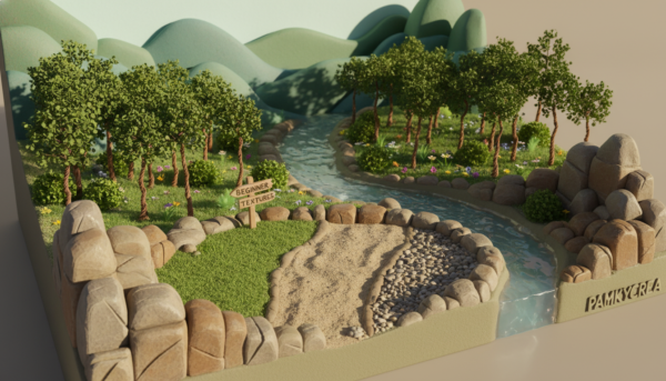A detailed modelage relief diorama showcasing a vibrant landscape, emphasizing the modeling of terrain textures and features. In the foreground, rich, layered earth and rocky formations display a variety of textures, including grass, sand, and pebbles, highlighting techniques for beginners. The middle section reveals a realistic miniature forest with finely crafted trees and shrubs, leading to a small winding river with clear water effects. In the background, gently rolling hills create a tranquil atmosphere, bathed in soft afternoon sunlight that casts gentle shadows. The scene is viewed with a slightly elevated angle to capture depth, providing a clear perspective of the diorama's layers. The overall mood is calm and inviting, perfect for illustrating the creative process. Crafted by Pamkycrea.