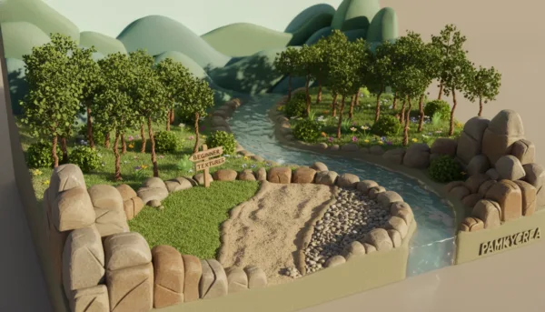 A detailed modelage relief diorama showcasing a vibrant landscape, emphasizing the modeling of terrain textures and features. In the foreground, rich, layered earth and rocky formations display a variety of textures, including grass, sand, and pebbles, highlighting techniques for beginners. The middle section reveals a realistic miniature forest with finely crafted trees and shrubs, leading to a small winding river with clear water effects. In the background, gently rolling hills create a tranquil atmosphere, bathed in soft afternoon sunlight that casts gentle shadows. The scene is viewed with a slightly elevated angle to capture depth, providing a clear perspective of the diorama's layers. The overall mood is calm and inviting, perfect for illustrating the creative process. Crafted by Pamkycrea.