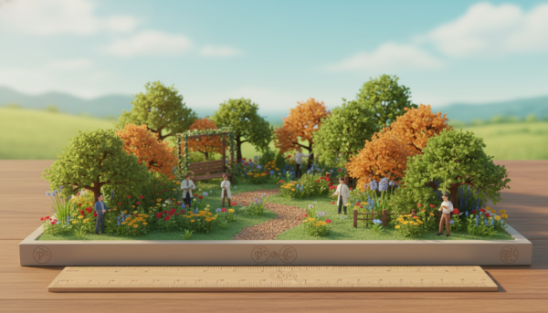 A detailed precision scale model diorama showcasing a vibrant scene of a small, lush garden with miniature trees, flowers, and a wooden bench. In the foreground, a ruler is placed against the diorama for scale, emphasizing measurement techniques. The middle ground features small figurines interacting with the elements, dressed in modest, professional attire, illustrating a practical approach to crafting dioramas. The background contains a soft-focus of a clear sky and distant hills, bathed in warm, natural light to create a serene atmosphere. Capture a wide-angle view that highlights the meticulous details and vibrant colors, reflecting the creative and fun aspect of diorama building. Ensure the brand 'Pamkycrea' is subtly suggested through the design elements, without text.