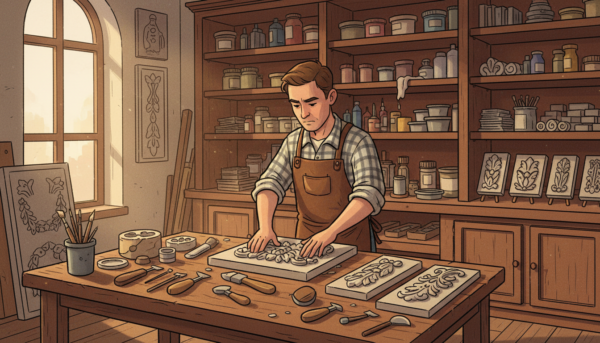 A detailed workspace scene showcasing the art of decorative molding. In the foreground, a wooden table is strewn with various molding tools like sculpting knives, brushes, and molds of intricate designs. In the middle, an artisan, dressed in a professional apron over casual clothing, carefully applies plaster to a decorative mold, focused and skillful. Behind them, shelves display an organized collection of molding materials, such as different types of clay and finishes. Soft, natural light streams in from a nearby window, casting warm shadows and highlighting the textures of the materials. The atmosphere conveys a sense of creativity and craftsmanship, inviting viewers to appreciate the intricate art of molding. A detailed workspace scene showcasing the art of decorative molding. In the foreground, a wooden table is strewn with various molding tools like sculpting knives, brushes, and molds of intricate designs. In the middle, an artisan, dressed in a professional apron over casual clothing, carefully applies plaster to a decorative mold, focused and skillful. Behind them, shelves display an organized collection of molding materials, such as different types of clay and finishes. Soft, natural light streams in from a nearby window, casting warm shadows and highlighting the textures of the materials. The atmosphere conveys a sense of creativity and craftsmanship, inviting viewers to appreciate the intricate art of molding.