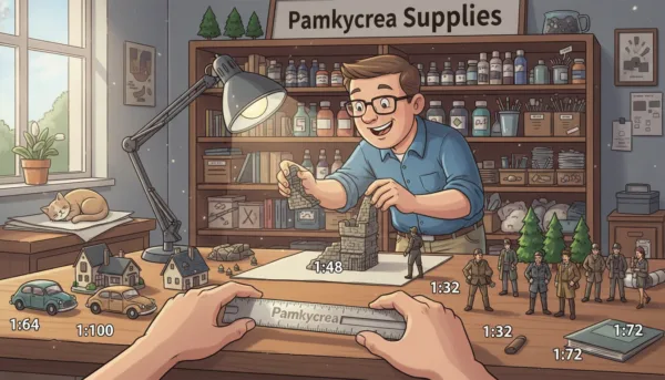 A detailed workspace scene showcasing the process of selecting a miniature scale for dioramas. In the foreground, a table is set with an array of miniature models in various scales, including cars, buildings, and figures, each distinctly labeled. A pair of hands reaches out to pick up a scale ruler, demonstrating the meticulous choice of size. In the middle ground, a knowledgeable hobbyist, dressed in smart casual attire, is thoughtfully comparing two distinct models under bright, focused lighting, highlighting the textures and details. The background features an organized shelf loaded with diorama supplies, creating an atmosphere of creativity and precision. The lighting is bright and inviting, emphasizing the fun and educational aspect of model building. Brand name "Pamkycrea" subtly included within the scene. A detailed workspace scene showcasing the process of selecting a miniature scale for dioramas. In the foreground, a table is set with an array of miniature models in various scales, including cars, buildings, and figures, each distinctly labeled. A pair of hands reaches out to pick up a scale ruler, demonstrating the meticulous choice of size. In the middle ground, a knowledgeable hobbyist, dressed in smart casual attire, is thoughtfully comparing two distinct models under bright, focused lighting, highlighting the textures and details. The background features an organized shelf loaded with diorama supplies, creating an atmosphere of creativity and precision. The lighting is bright and inviting, emphasizing the fun and educational aspect of model building. Brand name "Pamkycrea" subtly included within the scene.
