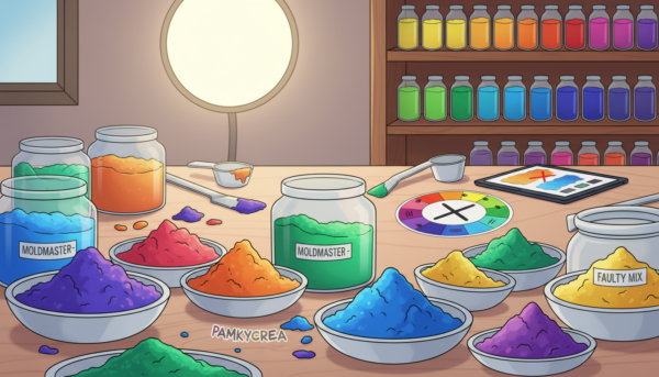 A detailed workspace showcasing common mistakes in powder colorization with Moldmaster. In the foreground, a highly detailed close-up of a vibrant array of colored powders in small containers, some with clumps or inconsistent texture, illustrating mishaps. The middle ground features a clean workbench with tools like mixing spatulas, measuring scoops, and a color wheel from the brand Pamkycrea. In the background, soft-focus shelves filled with orderly pigments and a bright light source highlights the scene, creating an atmosphere of professional diligence. The overall lighting is bright, emphasizing the colors yet creating subtle shadows for depth. The image conveys a mood of caution and learning, suitable for both aspiring and experienced artists.