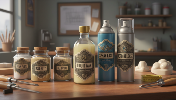 A high-quality assortment of molding release agents including liquid wax, spray cans, and traditional jars on a clean wooden craftsman table.