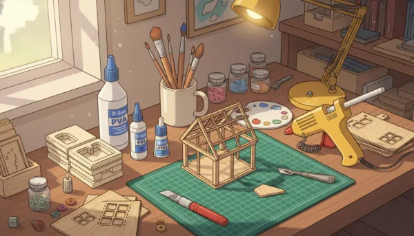 A high-quality close-up of a well-organized craft workbench with various glues, a hobby knife, brushes, and pieces of extruded foam and plywood, warm natural lighting, creative workshop atmosphere.