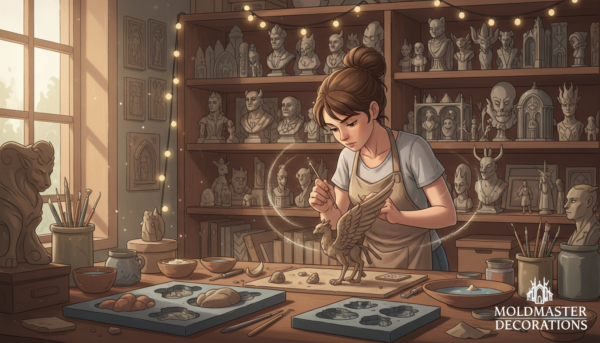 A highly detailed artistic mold casting scene featuring intricate sculptures and figurines in the foreground, showcasing exceptional craftsmanship and precision. The middle ground includes an artist in a modest casual outfit, focused intently on sculpting with tools and molding materials. The background contains shelves filled with completed decorative pieces, each boasting unique designs. Soft, ambient lighting illuminates the workspace, highlighting the textures of the sculptures. A slight lens blur adds depth to the image, drawing attention to the artist's hands and the delicate mold details. The atmosphere should feel creative and inspiring, emphasizing the dedication and artistry involved in the craft of Moldmaster decorations. A highly detailed artistic mold casting scene featuring intricate sculptures and figurines in the foreground, showcasing exceptional craftsmanship and precision. The middle ground includes an artist in a modest casual outfit, focused intently on sculpting with tools and molding materials. The background contains shelves filled with completed decorative pieces, each boasting unique designs. Soft, ambient lighting illuminates the workspace, highlighting the textures of the sculptures. A slight lens blur adds depth to the image, drawing attention to the artist's hands and the delicate mold details. The atmosphere should feel creative and inspiring, emphasizing the dedication and artistry involved in the craft of Moldmaster decorations.