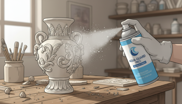 A professional-grade waterproof spray being applied to a detailed white plaster vase on a wooden workshop table, fine mist visible, soft natural lighting, high resolution, macro photography style.